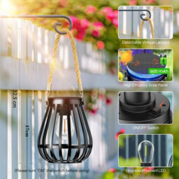 Amorly 2 Pack Solar Lanterns Outdoor Waterproof, Metal Hanging Lights With Rope Handle, Warm White Led Flame Effect, Garden Patio Decor - thumbnail 2