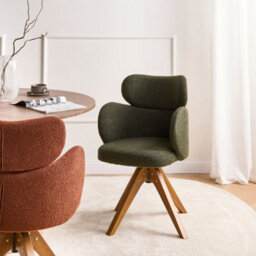 Wyld and Coco Nordique Swivel Dining Chair - Dark Green Bouclé, Curved Backrest, Light Oak Legs - thumbnail 2