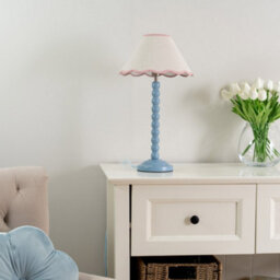 Valuelights Bobbles Powder Blue Bobbin Table Lamp With Pink Trim Scallop Shade - Led Bulb Included - thumbnail 4