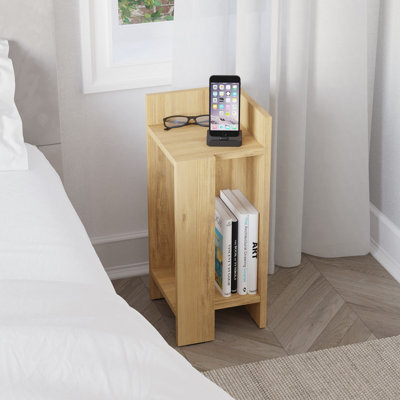 Decortie Elos Modern Narrow Bedside Table Nightstand 25Cm, 2-Tier Open Shelf Right Module, Oak Effect - image 1