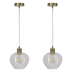 First Choice Lighting Set Of 2 Bradson - Clear Swirl Glass With Satin Brass Pendant Fittings
