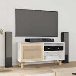 Berkfield Tv Cabinet White 80X30X40 Cm Solid Wood Pine And Natural Rattan
