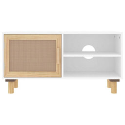 Berkfield Tv Cabinet White 80X30X40 Cm Solid Wood Pine And Natural Rattan - thumbnail 4