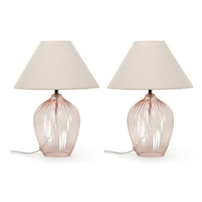 Valuelights Olivet Pair Of Blush Pink Glass Table Lamps With Fabric Tapered Lampshade Bedside Light - image 1