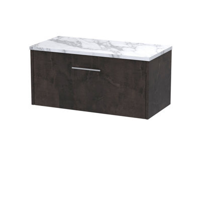 Hudson Reed Juno Wall Hung 1 Drawer Vanity & Carrera Marble Worktop, Metallic Slate Woodgrain, 805 X 390 mm - image 1