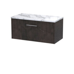 Hudson Reed Juno Wall Hung 1 Drawer Vanity & Carrera Marble Worktop, Metallic Slate Woodgrain, 805 X 390 mm - thumbnail 2