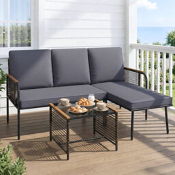 Costway 3 Pieces Rattan Conversation Furniture Set Outdoor L-Shaped Sofa Set With Cushions - thumbnail 2