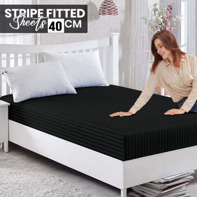 Ameha Stripe Fitted Sheet 40 Cm Deep Pocket- Hypoallergenic Easy Care Black Bed Sheets Uk King Bedsheet(152X200Cm) - image 1