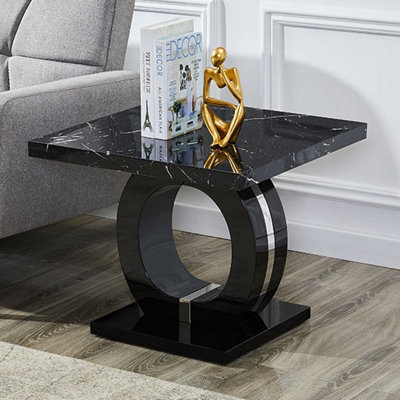 Furniture in Fashion Halo High Gloss Lamp Table In Black And Milano Marble Effect - image 1