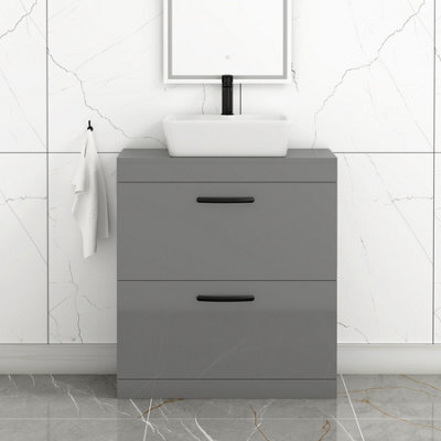 Royal Bathrooms 800mm Floor Standing Vanity Unit 2 Drawer Indigo Grey Gloss & Countertop Basin - Cube With Matt Black Handle - image 1