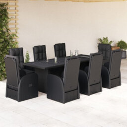 Berkfield 9 Piece Garden Dining Set With Cushions Black Poly Rattan - thumbnail 1