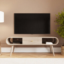 Vionna Mid Century Curved Tv Unit Oak Effect Media Stand Storage Cabinet