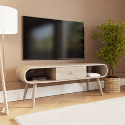 Vionna Mid Century Curved Tv Unit Oak Effect Media Stand Storage Cabinet - thumbnail 2