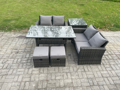 Fimous Pe Wicker Rattan Garden Furniture Set Love Sofa Outdoor Rectangular Dining Table 2 Small Footstool Side Table - image 1