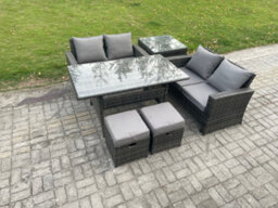 Fimous Pe Wicker Rattan Garden Furniture Set Love Sofa Outdoor Rectangular Dining Table 2 Small Footstool Side Table - thumbnail 2