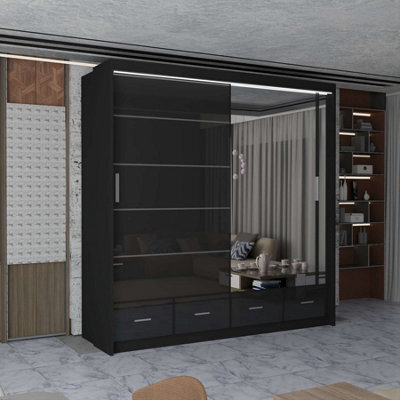 M N Furniture Ltd Wardrobe With Led Light Modern 2 Or 3 Sliding Doors-Mirrored Bedroom Cabinet With Drawers (Black,203Cm) - image 1