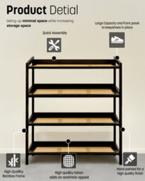 Keplin 4 Tier Bamboo And Rattan Shoe Rack Organiser, Compact Design For Hallway, Stylish And Functional Storage- Black And Natural - thumbnail 5