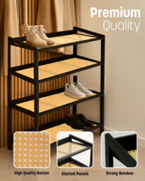 Keplin 4 Tier Bamboo And Rattan Shoe Rack Organiser, Compact Design For Hallway, Stylish And Functional Storage- Black And Natural - thumbnail 4