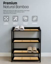 Keplin 4 Tier Bamboo And Rattan Shoe Rack Organiser, Compact Design For Hallway, Stylish And Functional Storage- Black And Natural - thumbnail 8