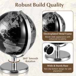 Gainoom Metallic Black World Globe 20Cm Silver Rotating Earth Globe W/ Metal Stand - thumbnail 8