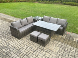 Fimous Rattan Garden Furniture Set With Oblong Dining Table 2 Small Footstools Side Table Outdoor Sofa Set Dark Grey Mixed - thumbnail 2