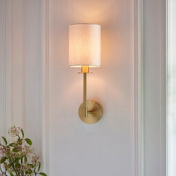 Luminosa Lighting Luminosa Sancerre Wall Lamp With Shade Satin Brass Plate, Vintage White Fabric, 1X E14 - thumbnail 4