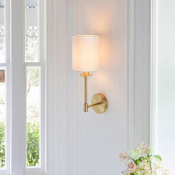 Luminosa Lighting Luminosa Sancerre Wall Lamp With Shade Satin Brass Plate, Vintage White Fabric, 1X E14 - thumbnail 3