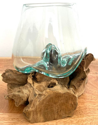 My Square Mile Molten Glass Display Bowl On Wood Root Stand 14X10X11Cm Glass Rustic Ornament Sculpture Key Sweet Display Dish - image 1