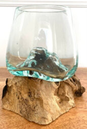 My Square Mile Molten Glass Display Bowl On Wood Root Stand 14X10X11Cm Glass Rustic Ornament Sculpture Key Sweet Display Dish - thumbnail 3