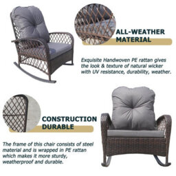 Patio Rattan Rocking Chair, Relaxer Wicker Rocker Armchair With Soft Cushion, All-Weather Steel Frame - Brown - thumbnail 2