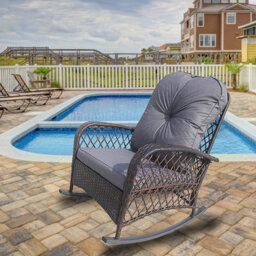 Patio Rattan Rocking Chair, Relaxer Wicker Rocker Armchair With Soft Cushion, All-Weather Steel Frame - Brown - thumbnail 7