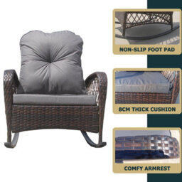 Patio Rattan Rocking Chair, Relaxer Wicker Rocker Armchair With Soft Cushion, All-Weather Steel Frame - Brown - thumbnail 4