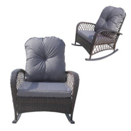 Patio Rattan Rocking Chair, Relaxer Wicker Rocker Armchair With Soft Cushion, All-Weather Steel Frame - Brown