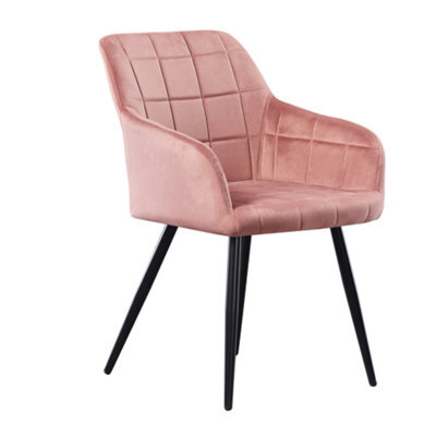 Life Interiors Single Pink Camden Modern Velvet Dining Chair With Armrests, Quilted Design & Black Metal Legs - image 1