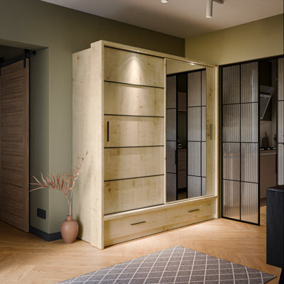 Arte Lux V - Oak Artisan Sliding Door Mirrored Wardrobe With Shelves And Drawers (H2150mm W2000mm D600mm) - image 1