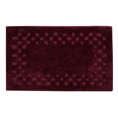 Homescapes Cotton Check Border Aubergine Bath Mat - image 1