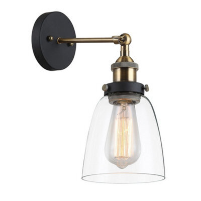 Luminosa Lighting Luminosa Industrial And Retro Wall Lamp Black, Gold 1 Light  With Clear Shade, E27 Dimmable