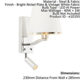 Wall Light Bright Nickel Plate & Vintage White Fabric 40W E14 & 3W Led - thumbnail 2