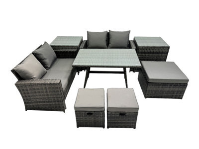 Fimous 7 Seater Wicker Pe Rattan Furniture Outdoor Dining Table Double Seat Sofa 3 Stools 2 Side Table Set Dark Grey Mixed - image 1