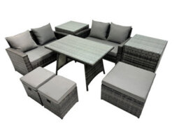 Fimous 7 Seater Wicker Pe Rattan Furniture Outdoor Dining Table Double Seat Sofa 3 Stools 2 Side Table Set Dark Grey Mixed - thumbnail 2