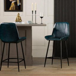 Where Saints Go Ltd Brooklyn Bar Stools, Pack Of 2, Blue Ribbed Buffalo Leather, Black Metal Frames, 66Cm By Where Saints Go - thumbnail 1
