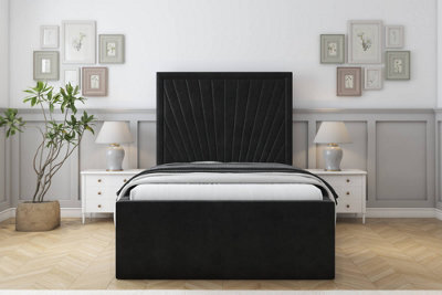 "Sloomy Somerset Black Plush Bed Frame With Mattress With 50"" Upholstered Headboard 4'6 Double" - image 1