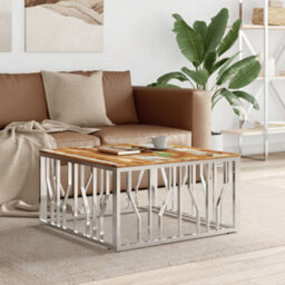 Berkfield Modern Coffee Table Silver Stainless Steel And Solid Wood Reclaimed - thumbnail 2