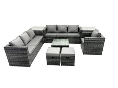 Fimous Rattan Garden Furniture Dining Set 9-Seater Patio Coffee Table Sofa Set With 2 Side Tables 2 Small Stools Dark Grey Mixed - image 1