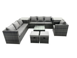 Fimous Rattan Garden Furniture Dining Set 9-Seater Patio Coffee Table Sofa Set With 2 Side Tables 2 Small Stools Dark Grey Mixed - thumbnail 1