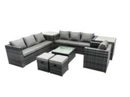Fimous Rattan Garden Furniture Dining Set 9-Seater Patio Coffee Table Sofa Set With 2 Side Tables 2 Small Stools Dark Grey Mixed - thumbnail 2