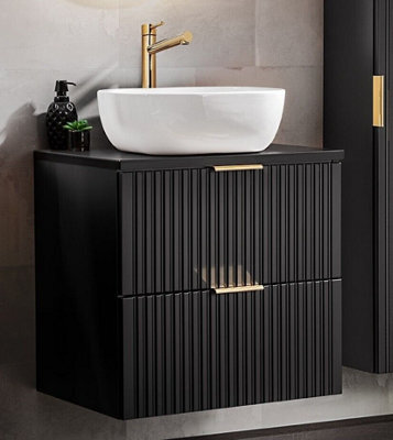 Impact Furniture Wall Hung Vanity Unit With Basin 600mm Worktop Black Bathroom Drawers Cabinet Ribbed Fluted Floating Adel - image 1