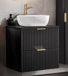 Impact Furniture Wall Hung Vanity Unit With Basin 600mm Worktop Black Bathroom Drawers Cabinet Ribbed Fluted Floating Adel - thumbnail 1