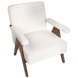 Wyld And Coco Casanova White Boucle Armchair With Wooden Frame And Pillow-Top Armrests, Retro Living Room Design - thumbnail 7