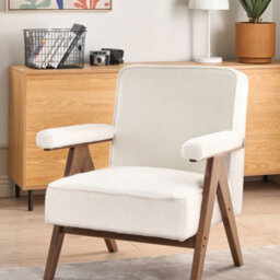Wyld And Coco Casanova White Boucle Armchair With Wooden Frame And Pillow-Top Armrests, Retro Living Room Design - thumbnail 2